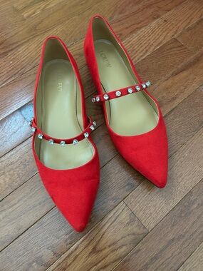J. Crew Red Suede Pointed Mary Jane Flats with Crystal-Strap